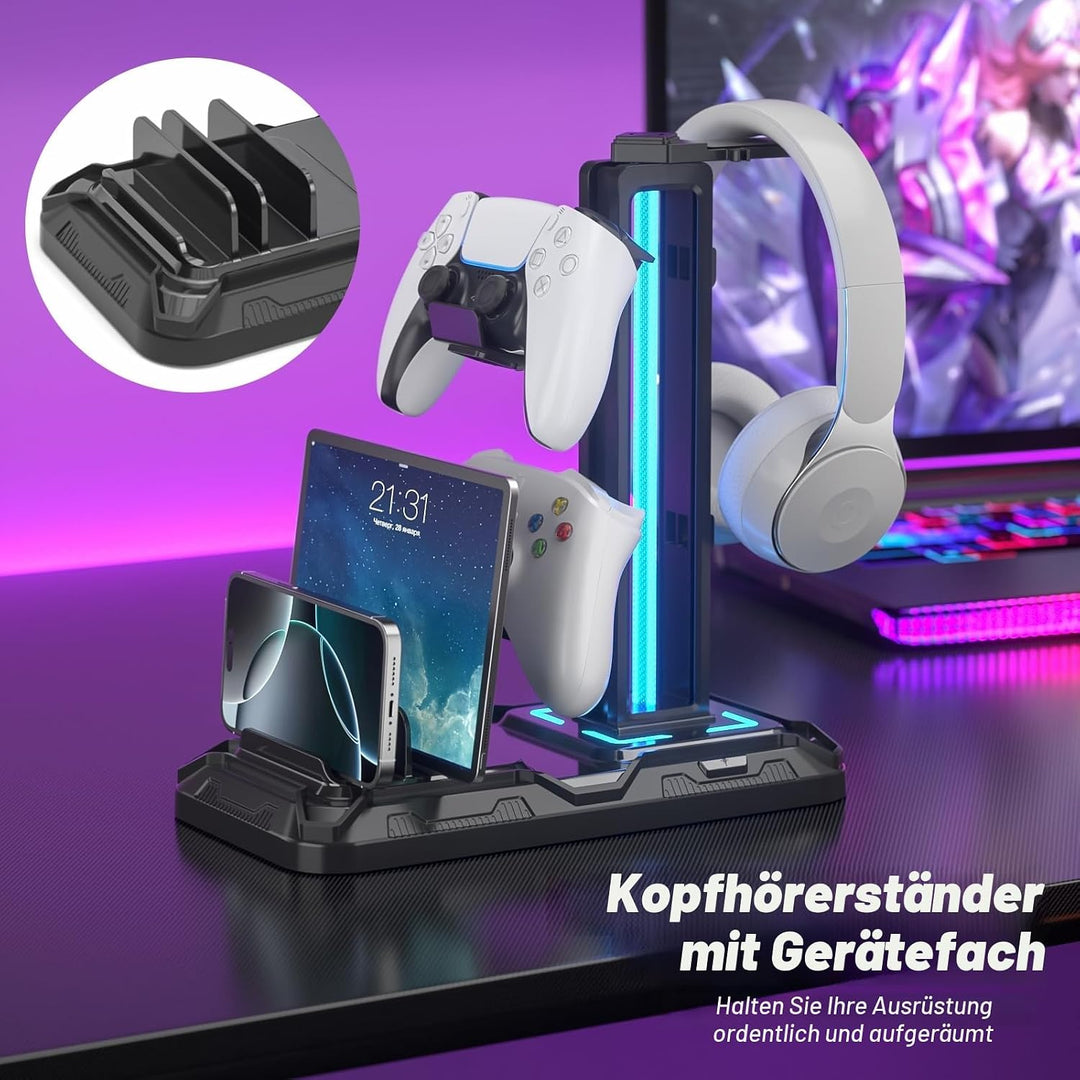 KDD Headset Halterung Led mit Ladestation - PS5 Controller Halter &amp; Kopfhörer Ständer Tisch mit 9 Li