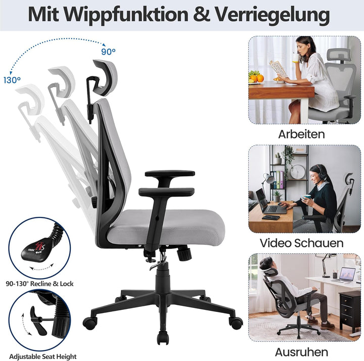 Yaheetech Bürostuhl Ergonomisch, Schreibtischstuhl mit Verstellbarer Kopfstütze, Armlehnen, Lendenwi