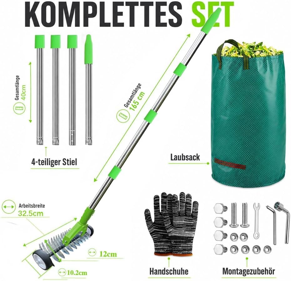 Handvertikutierer mit Rollen 165cm, Vertikutierer Hand, Verstellbarer Vertikutierrechen, Rasenlüfter