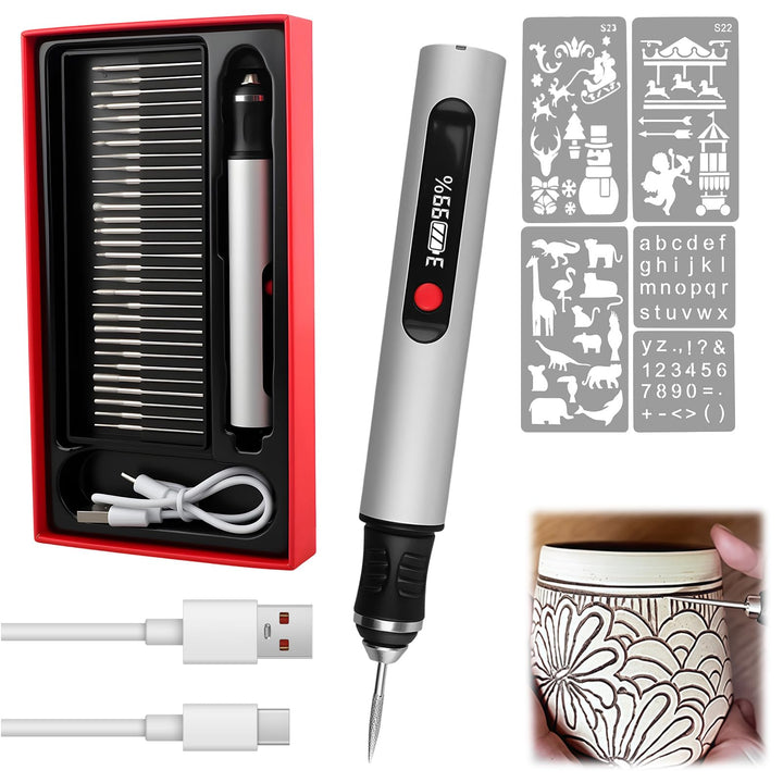 Elektrischer Gravierstift Kabellos, Tragbares Gravur Gerät mit 30 Bits und 3 Geschwindigkeiten, Wied