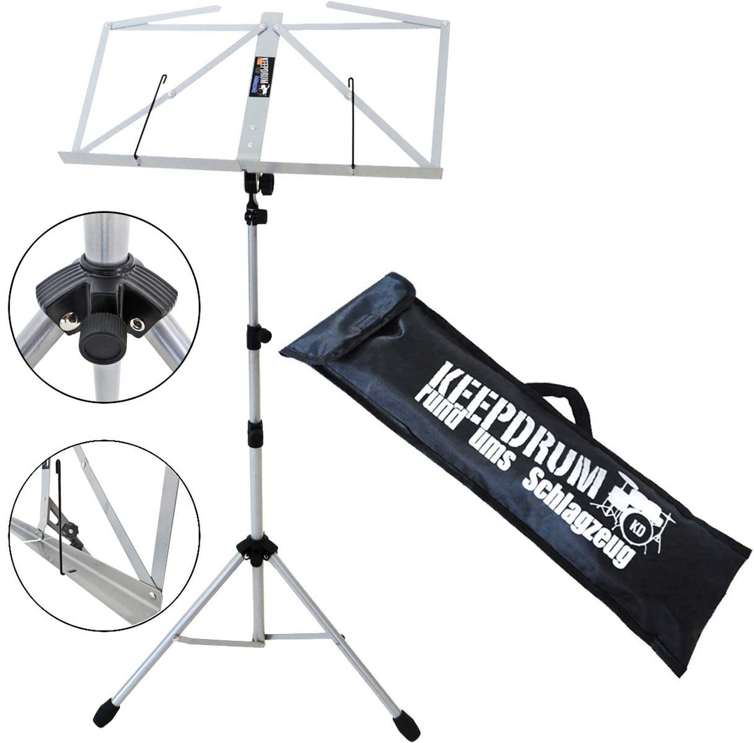 keepdrum Notenständer MUS3SV Silver Grau Silber Notenpult mit Tasche Silber-2, Silber-2