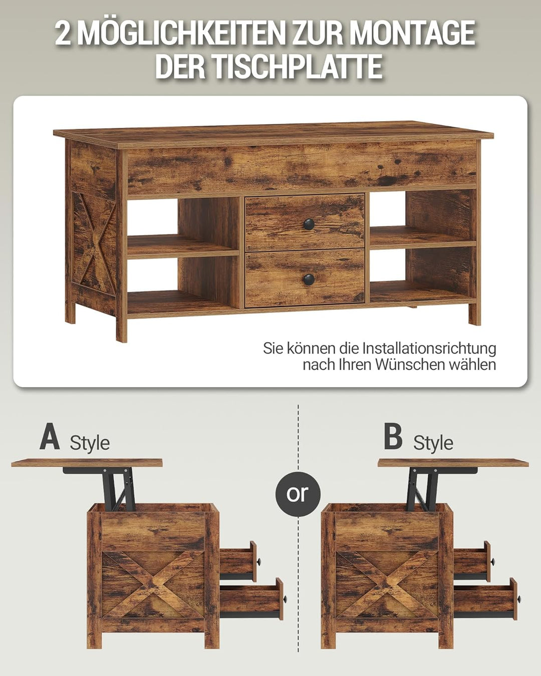 Hzuaneri Couchtisch, höhenverstellbarer Wohnzimmertisch, Sofatisch, 2 Schubladen und Versteckter Sta