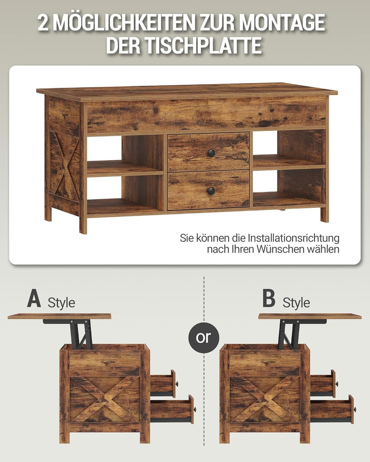 Hzuaneri Couchtisch, höhenverstellbarer Wohnzimmertisch, Sofatisch, 2 Schubladen und Versteckter Sta