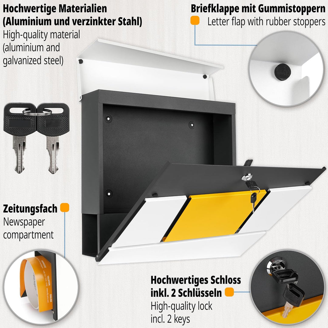 BRUBAKER Briefkasten mit Zeitungsfach Yellow Square - Moderner Postkasten mit Zeitungsrolle - Grosse
