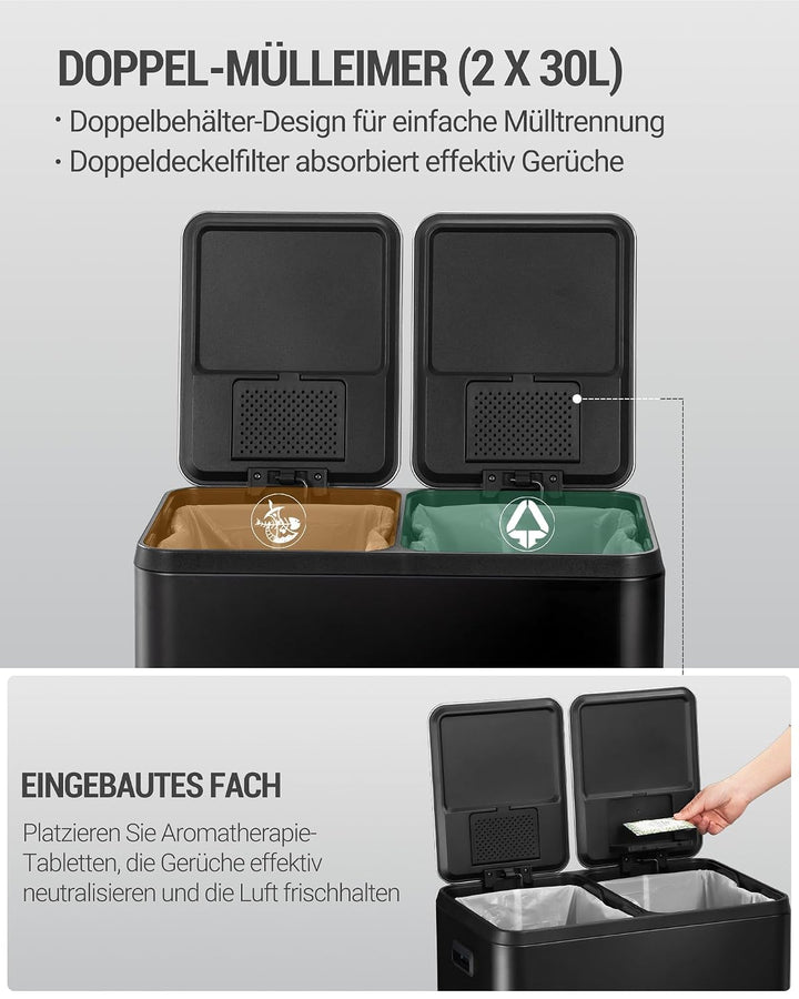 Hzuaneri Mülleimer Küche, Mülltrennsystem 2 Fächer 60L (2 x 30 L), Edelstahl-küchenmülleimer, Tretmü