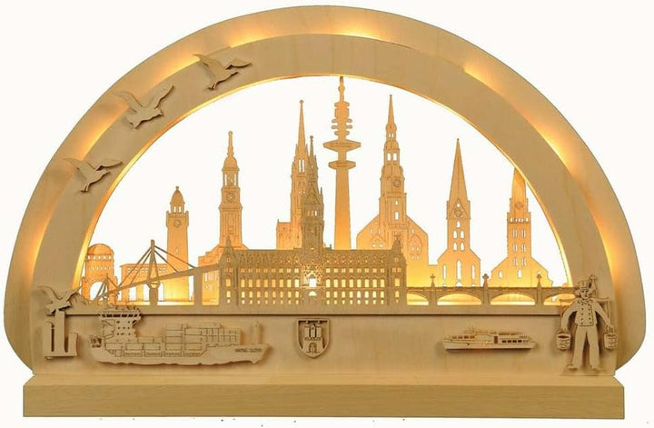 Schwibbogen Original Erzgebirge Hamburg mit LED Beleuchtung Birke B x H 300 mm x 400 mm