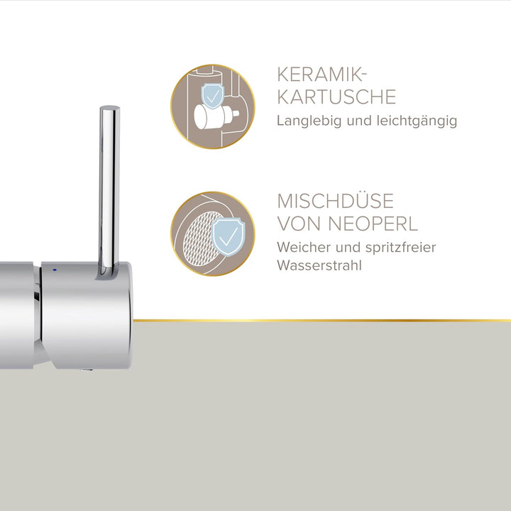 Lenz Niederdruck Waschtischarmatur Bow² in Chrom – 360° schwenkbarer Bogenauslauf – Mit EasyClean Po