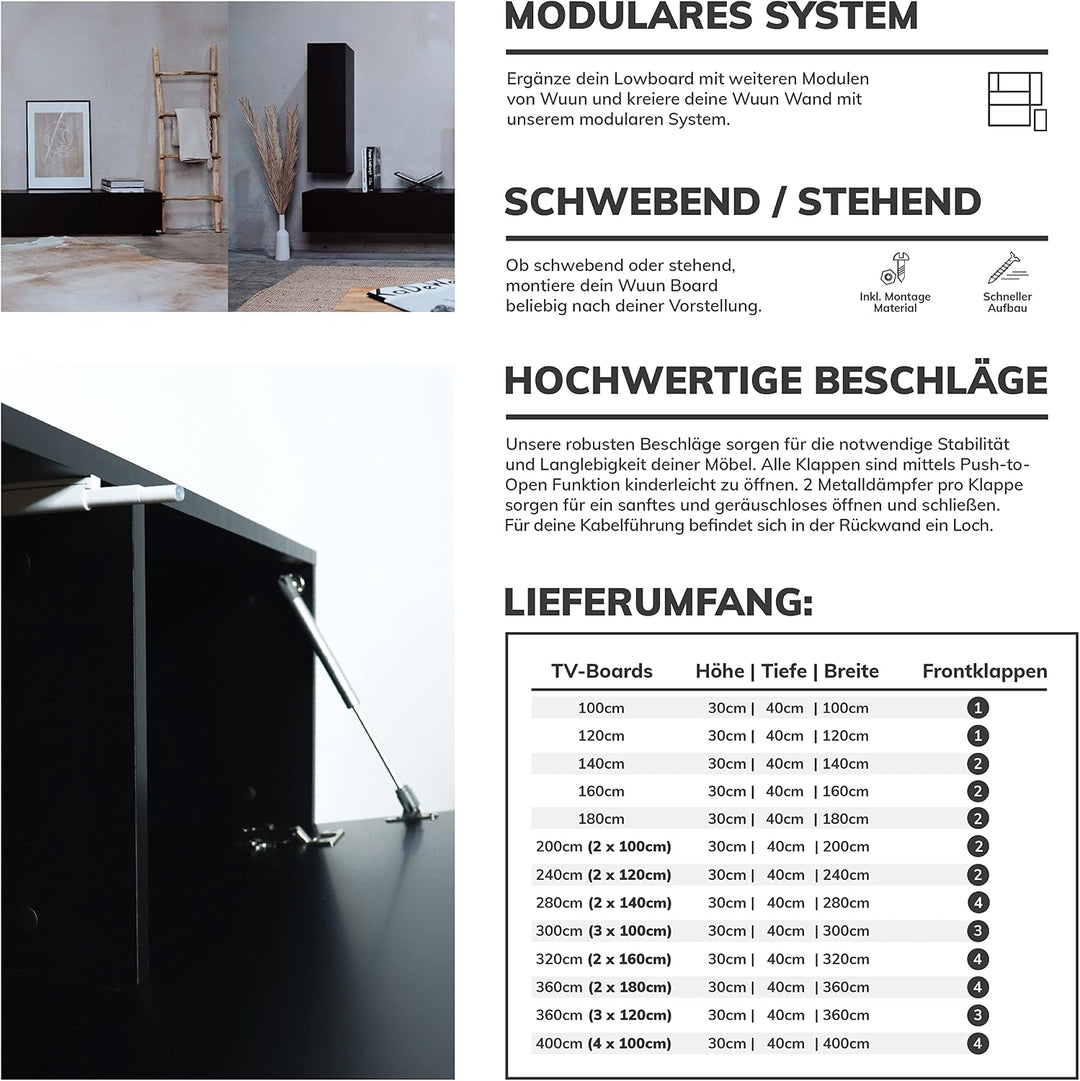 Wuun® TV-Lowboard Somero I 100cm bis 360cm I TV-Schrank &amp; Hängeschrank für Wohnzimmer I Verschiedene