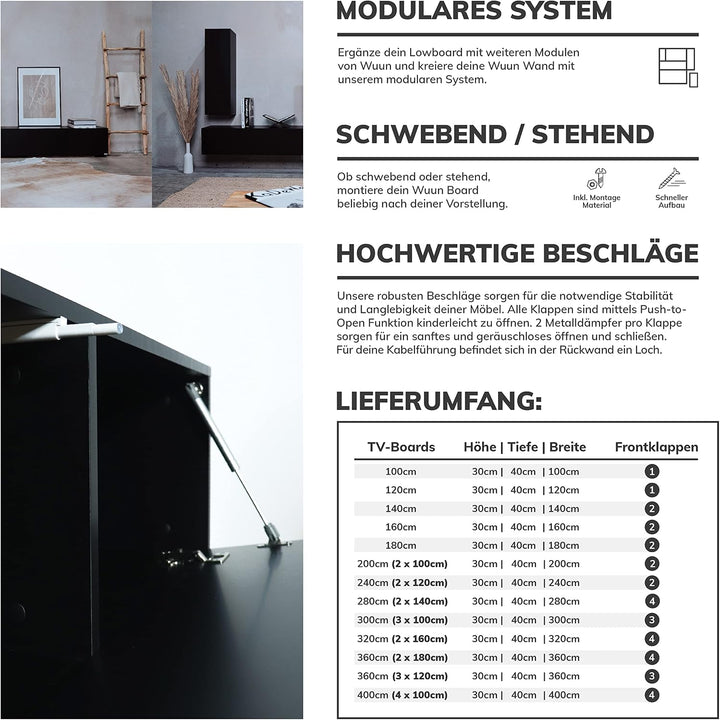 Wuun® TV-Lowboard Somero I 100cm bis 360cm I TV-Schrank &amp; Hängeschrank für Wohnzimmer I Verschiedene