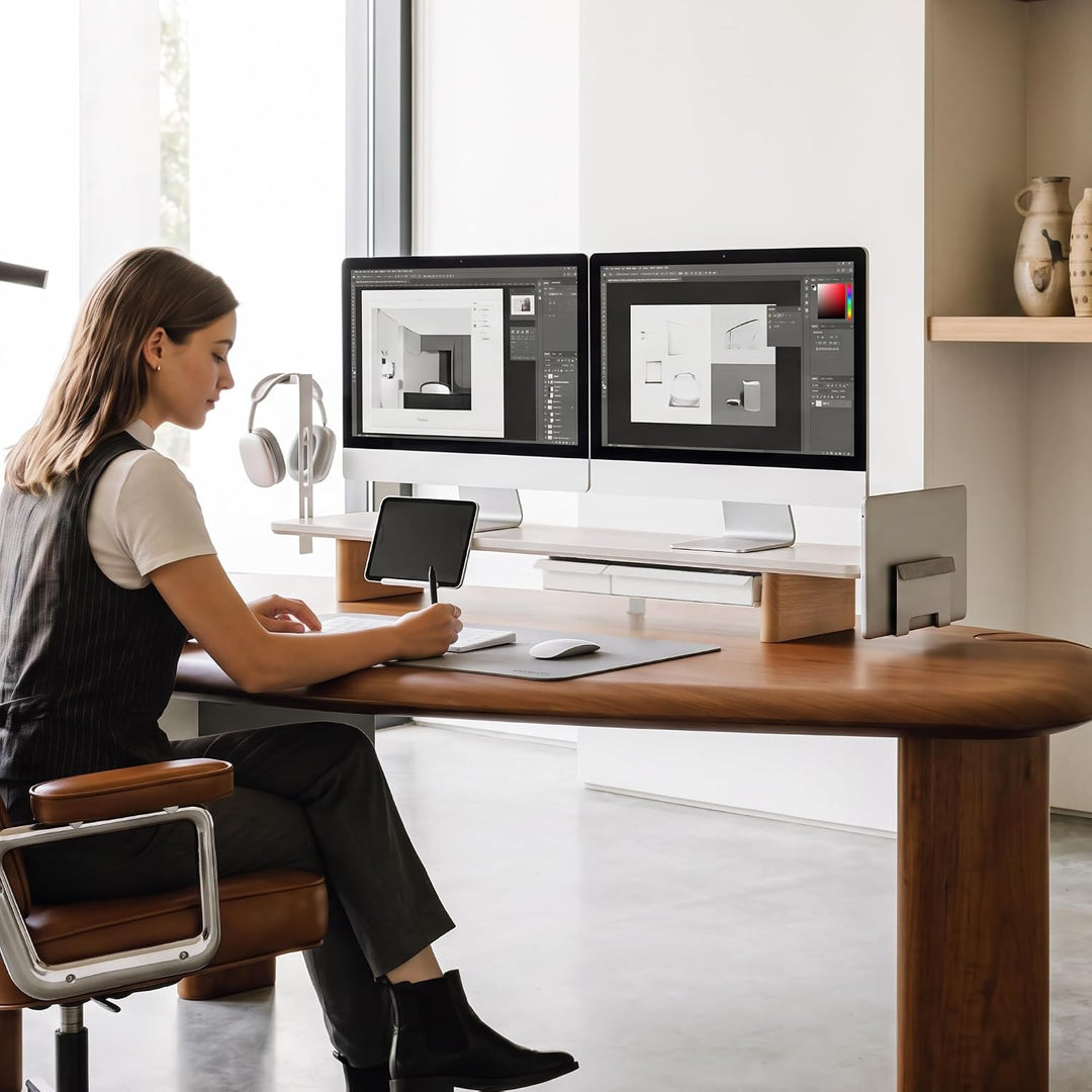 Fenge Dual Monitorständer mit 2 Herausnehmbaren Schubladen,Weiss, Weiss
