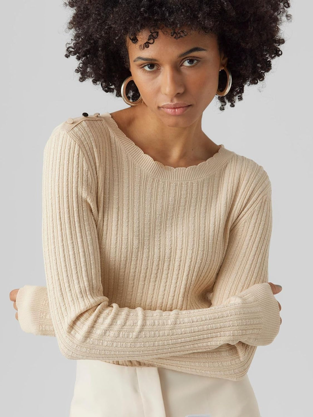 VERO MODA Damen Vmglory Ls O-Neck Button Ga Boo Pullover M Birch/Detail:w. Gold Buttons, M Birch/Det