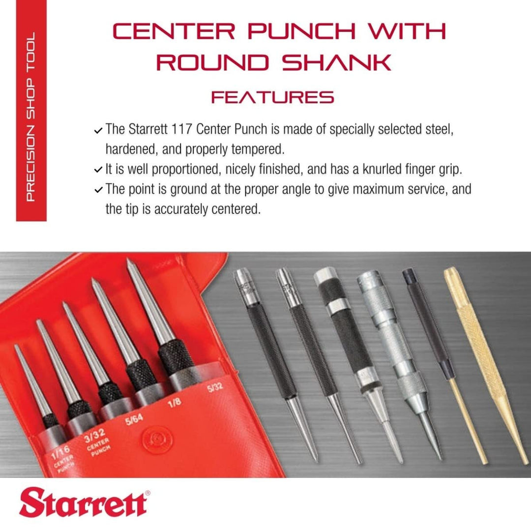 Starrett 117A Körner mit rundem Schaft, 4" Länge, 5/64" konischer Spitzendurchmesser, 2 mm Dia x 100