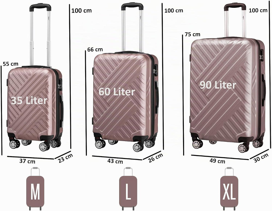 Zelsius Koffer Set 3 Stück, Rosé | ABS Hartschalenkoffer mit Zahlenschloss, Doppelrollen und Innen T