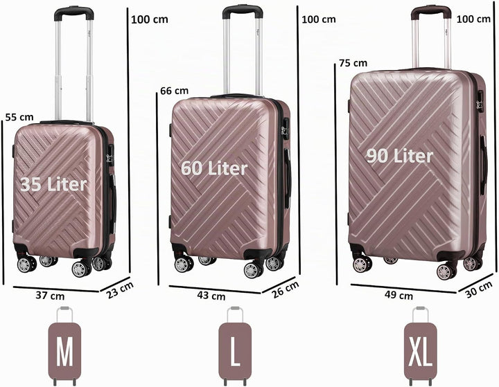 Zelsius Koffer Set 3 Stück, Rosé | ABS Hartschalenkoffer mit Zahlenschloss, Doppelrollen und Innen T