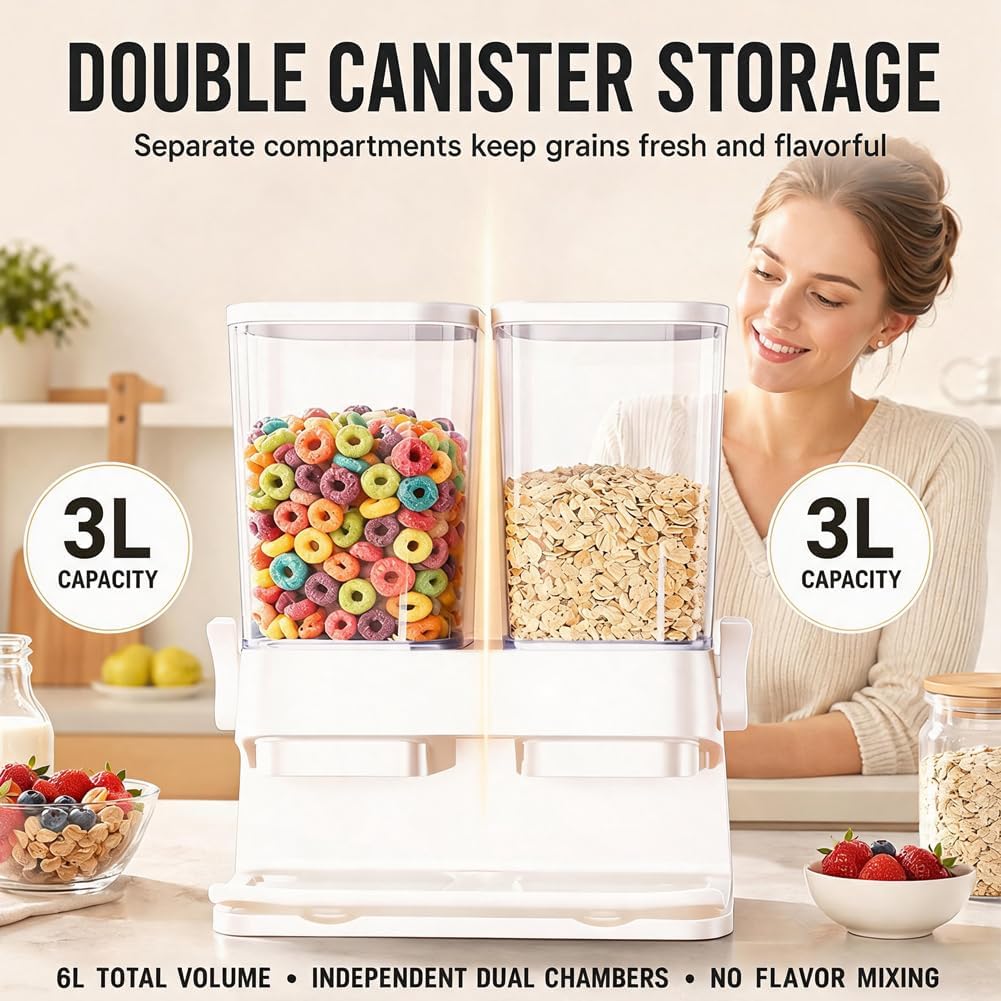 CEWEOM Cereal Dispenser, Pack of 2, Double 3L Airtight Cereal Storage Box for Organising the Kitchen