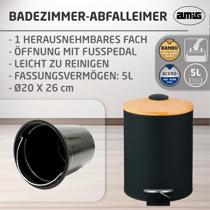 Amig - Kosmetikeimer mit Pedal 5L Naturline - Schwarz und Bambus - Hygienische Öffnung - Ø20 x 26 cm