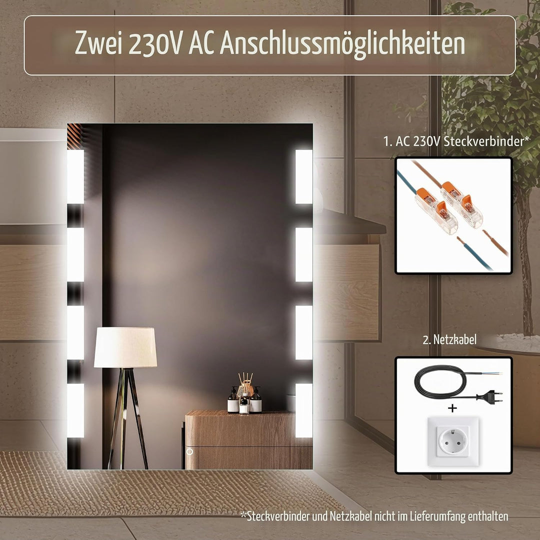 Venti Rechteckiger LED Badspiegel 50 × 70 cm, Seitlichen Leuchtmustern | LED Wandspiegel, Touchschal