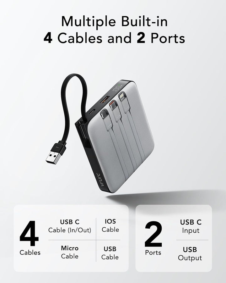 VRURC Powerbank 20000mAh mit Kabel Klein Power Bank USB C Schnelles Aufladen Tragbares Ladegerät Ext