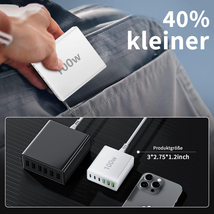 USB C Ladegerät Mehrfach: 100W 6-Port Schnellladegerät mit USB-C und USB-A, Tragbarer Charger für iP