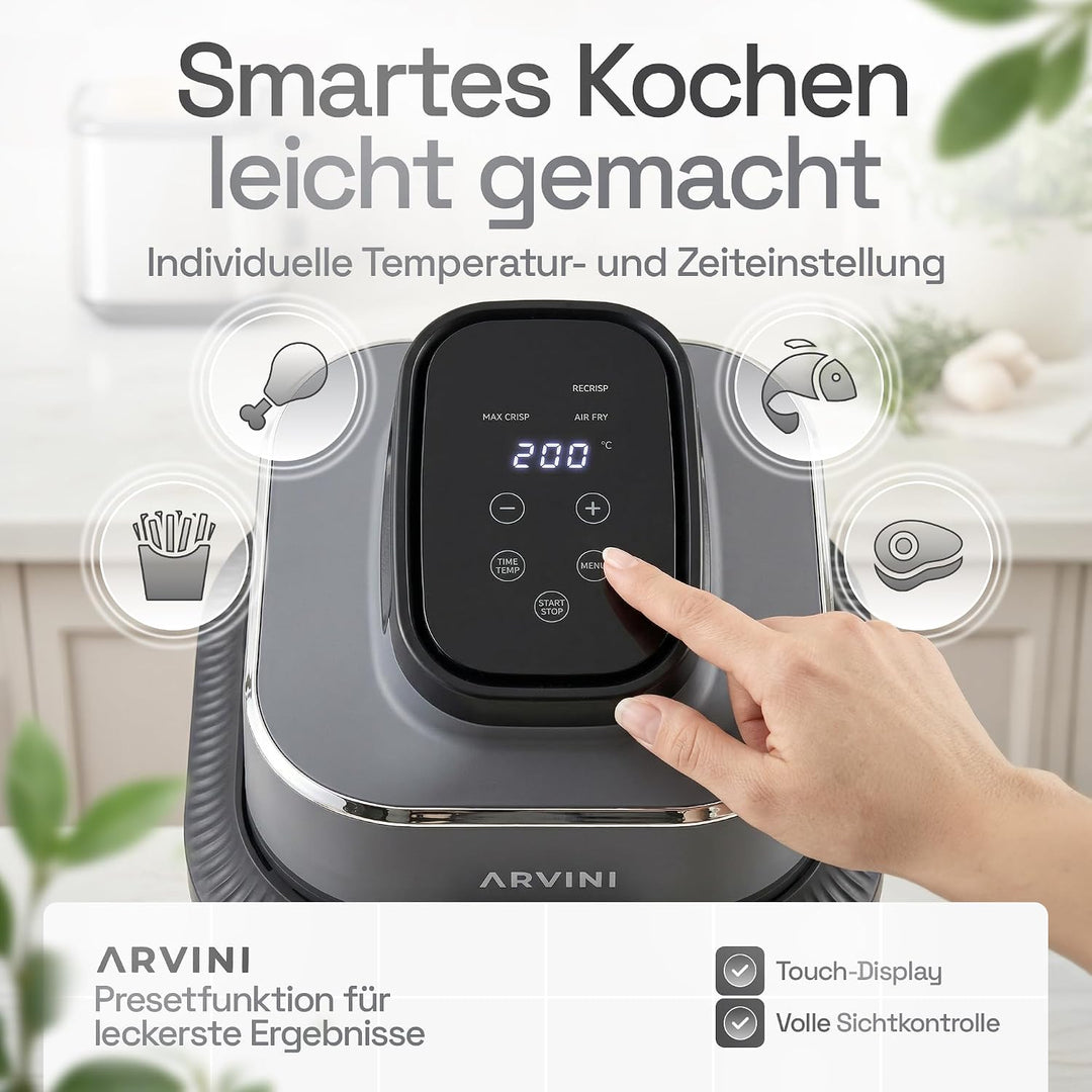 Airfryer Glas mit Glasbehälter, Temperatur einstellbar 60–200°C Graphitgrau 4l + 1,5l, Graphitgrau 4