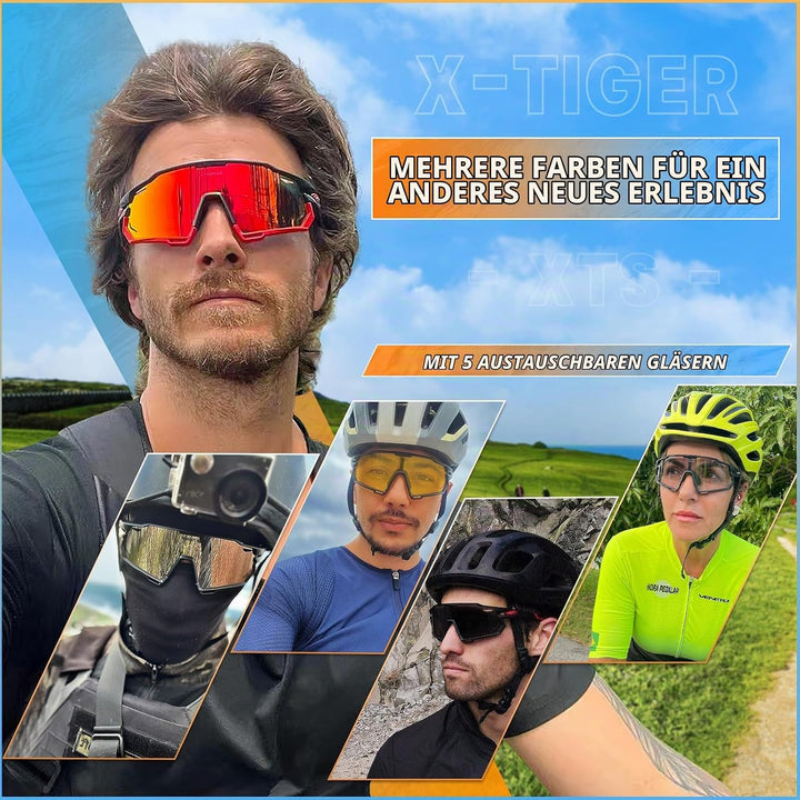 X-TIGER Fahrradbrille Polarisiert Sonnenbrille mit 5 wechselgläser TR90 Rahmen für Herren Damen Spor