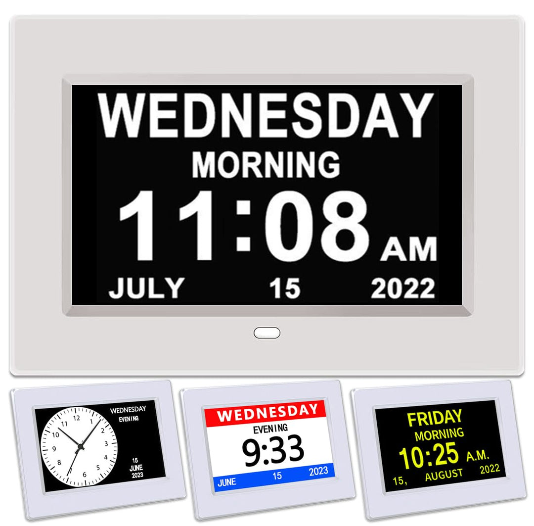 AINFTIME Uhr mit Tag und Datum für ältere Menschen, 3 Farben, digitaler Kalender, Wecker, Demenz, Al