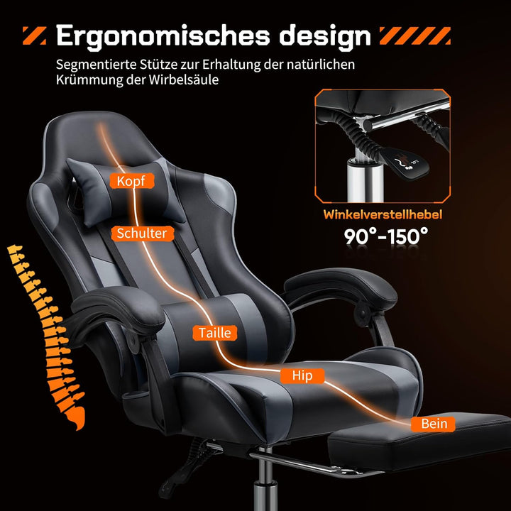 Sweetcrispy Gaming Stuhl,Ergonomischer Bürostuhl mit Fussstütze,Gamer PC Stühle mit Kopfstütze Lende