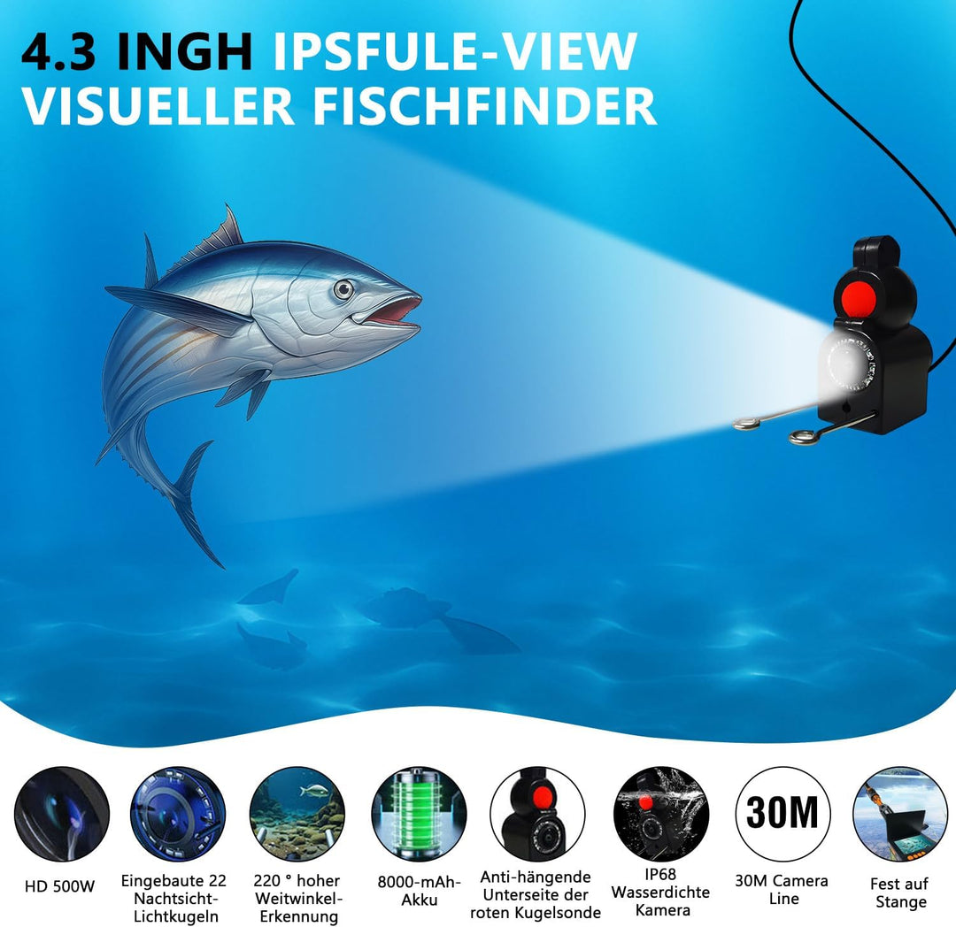 Unterwasserkamera Angeln Fishfinder, Fish Finder Kamera mit 4.3 Zoll IPS Display und 30m Kabel, Wass