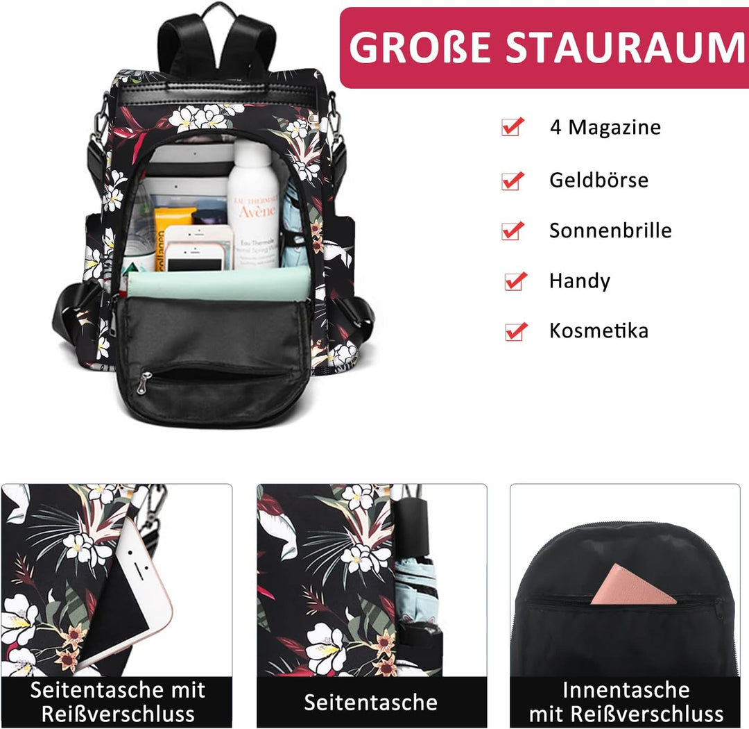 Fmeida Rucksack Damen Anti Diebstahl Nylon Handtaschen Wasserdichte 2 in 1 Schultertasche Casual Day