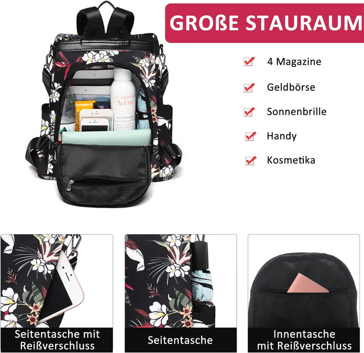 Fmeida Rucksack Damen Anti Diebstahl Nylon Handtaschen Wasserdichte 2 in 1 Schultertasche Casual Day