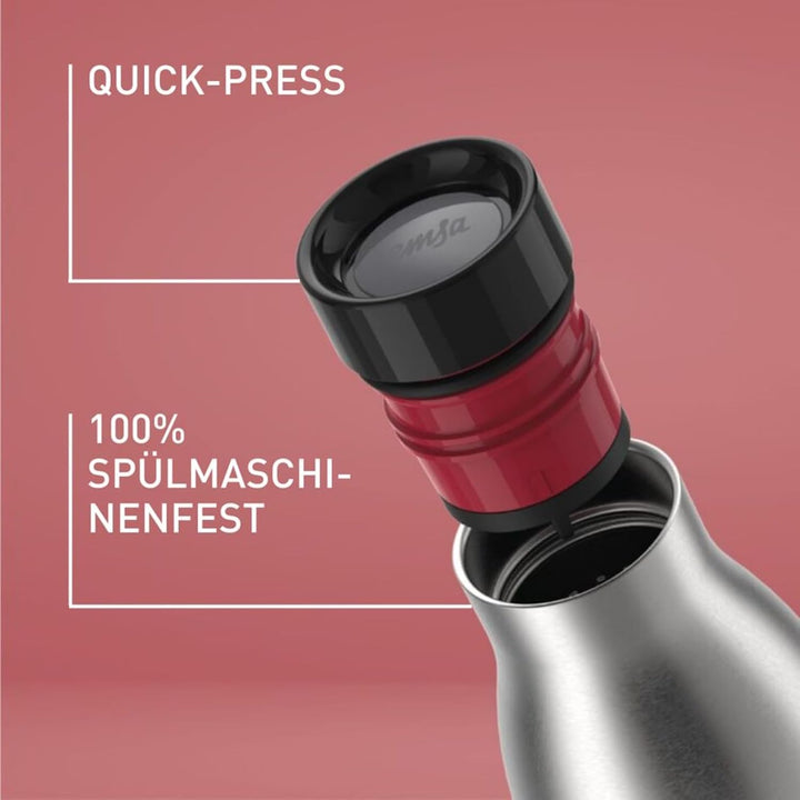 Emsa Bludrop Sleeve Isolier-Trinkflasche, 0,5 Liter, 100% dicht, Quick-Press Verschluss, Ergonomisch