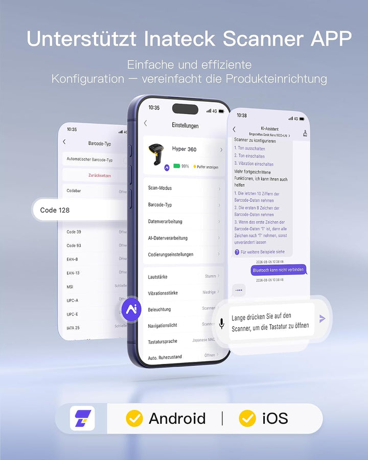 Inateck Barcode Scanner Kabellos 2D mit Display, 1D 2D QR Code Scanner