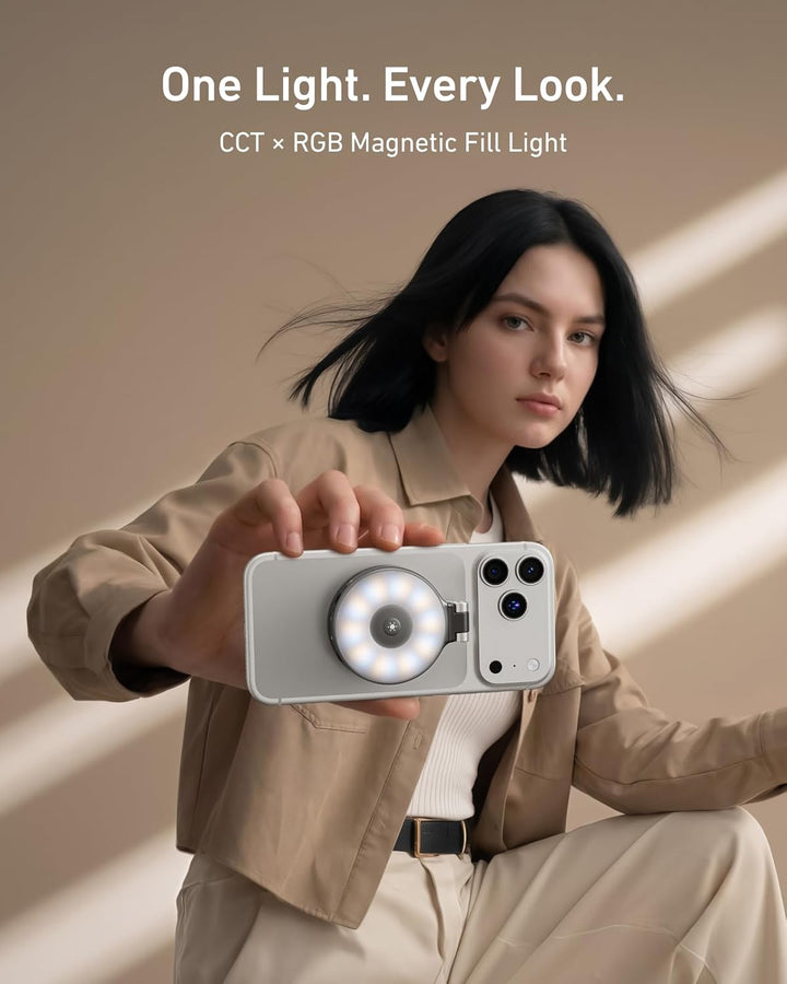 TELESIN 4-in-1 RGB-Ringlicht für iPhone/Samsung mit Spiegel und Halterung Schwarz, Schwarz