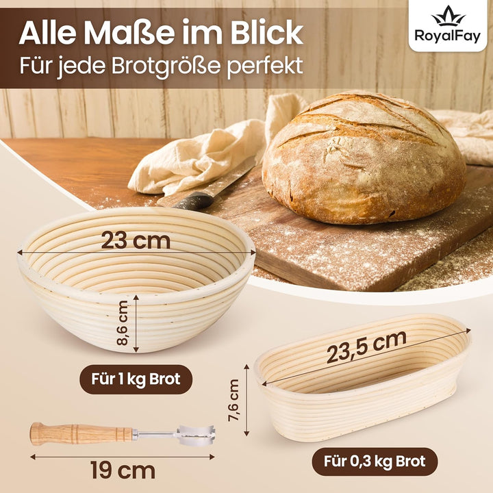 Gärkörbchen-Set – 1 ovaler (23cm) + 1 runder (23cm) Gärkorb aus atmungsaktiven Natur-Rattan – mit Me