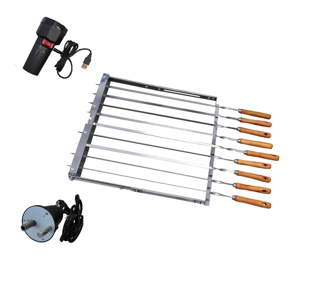 walexo Spiessdreher Edelstahl, E-Motor 230 V + 5 V USB incl. 9 Spiesse mit Holzgriff