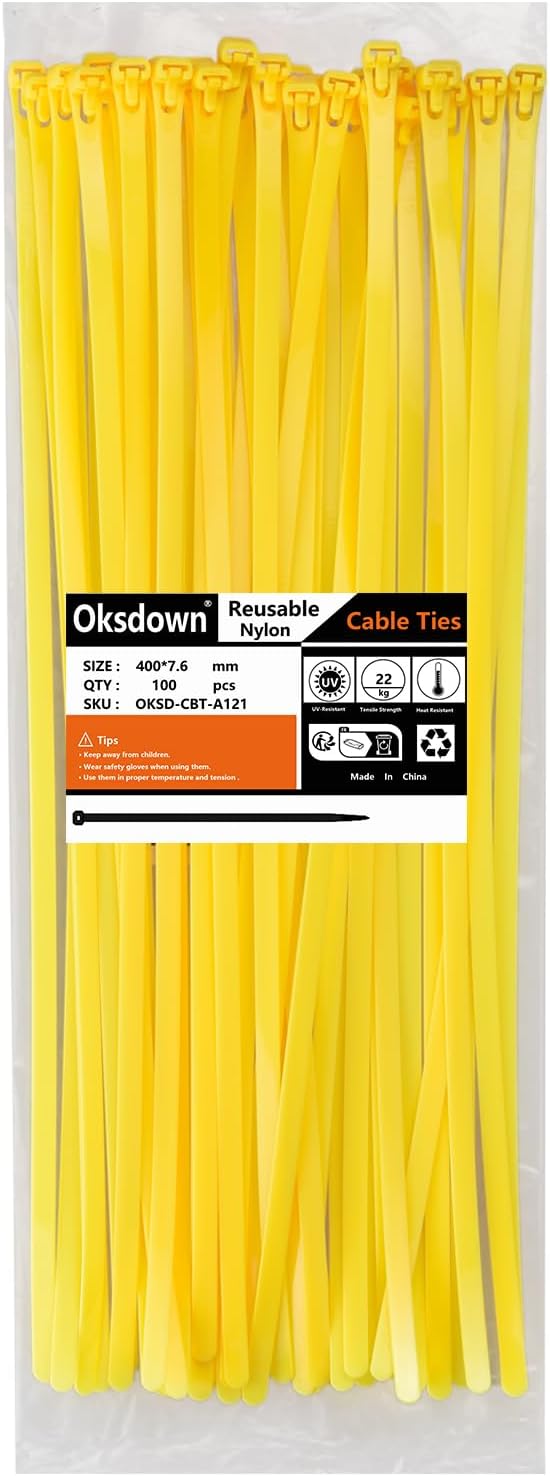 Oksdown Kabelbinder wiederverschliessbar Gelb 400 mm × 7,6 mm 100 Stück UV-Beständig Stark Gross Nyl