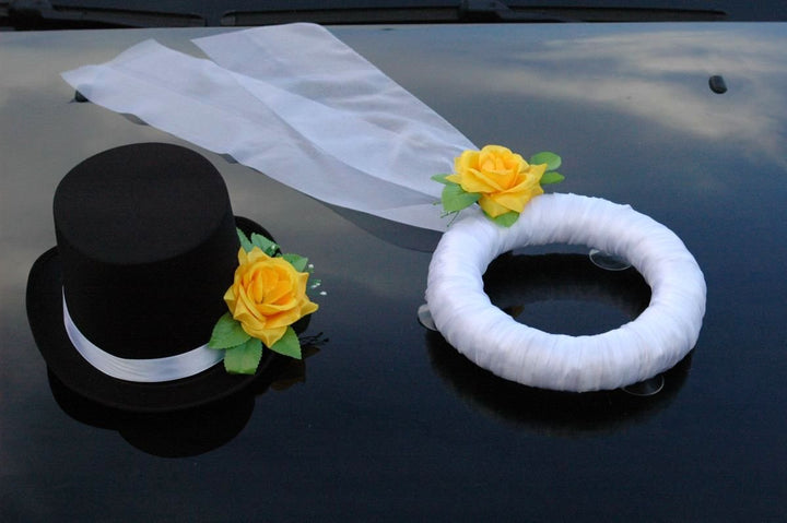 Schleier UND Hut Autoschmuck Rose Car Dekoration Hochzeit Wedding ®Auto-schmuck (Gelb), Gelb