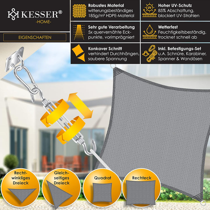 KESSER® Sonnensegel Sonnenschutz Windschutz | HDPE Gewebe | wasserabweisend &amp; windabweisend | Quadra
