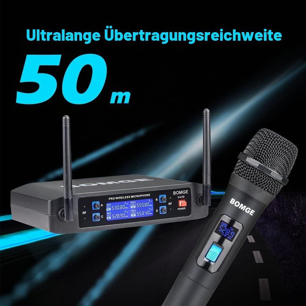 BOMGE Kabelloses Mikrofonsystem, Pro 4-Kanal schnurloses Mikrofon-Set mit vier Handmikrofonen, feste