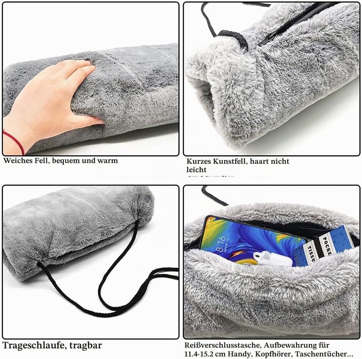Handmuff Kunstpelz Muff für Warme Hände mit Tasche Riemen Grau Muff Handwärmer Damen Herren Kinder 1
