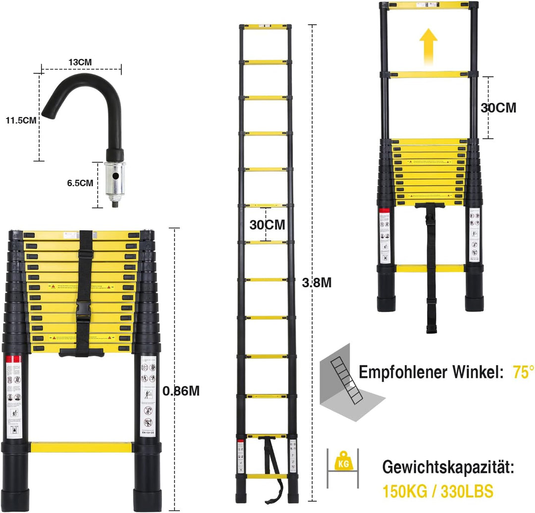 Eulenke 3,8M Teleskopleiter - Rutschfester Aluminium Multifunktionsleiter mit 2 Haken - Ausziehleite