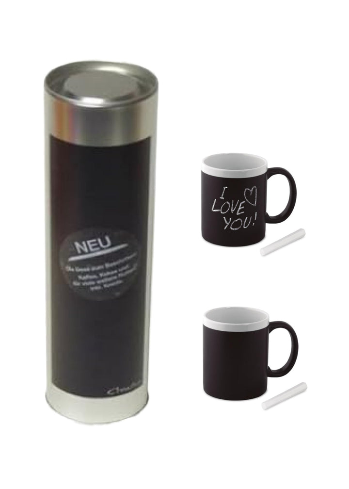 XXL Kaffeepad-Dose für bis zu 36 Pads, 31 cm, mit zwei beschriftbaren 300 ml Keramikbechern, Kreide