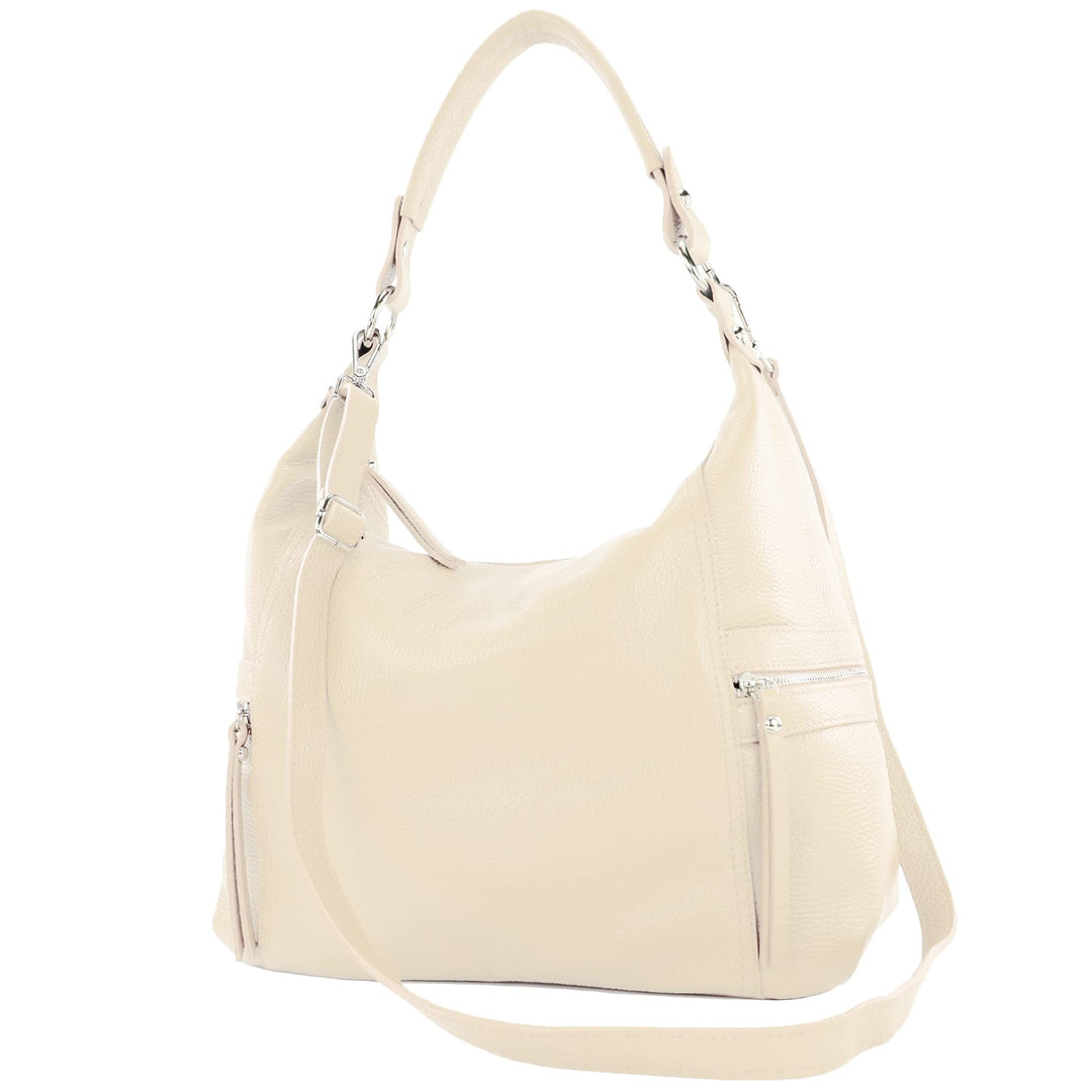 modamoda de - T229 - ital Schultertasche Shopper aus Leder Creme, Creme