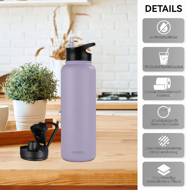 Edelstahl Trinkflasche 1.2L (+2 Deckel)-mit Strohhalm,BPA frei,Thermosflasche Auslaufsicher,Kohlensä