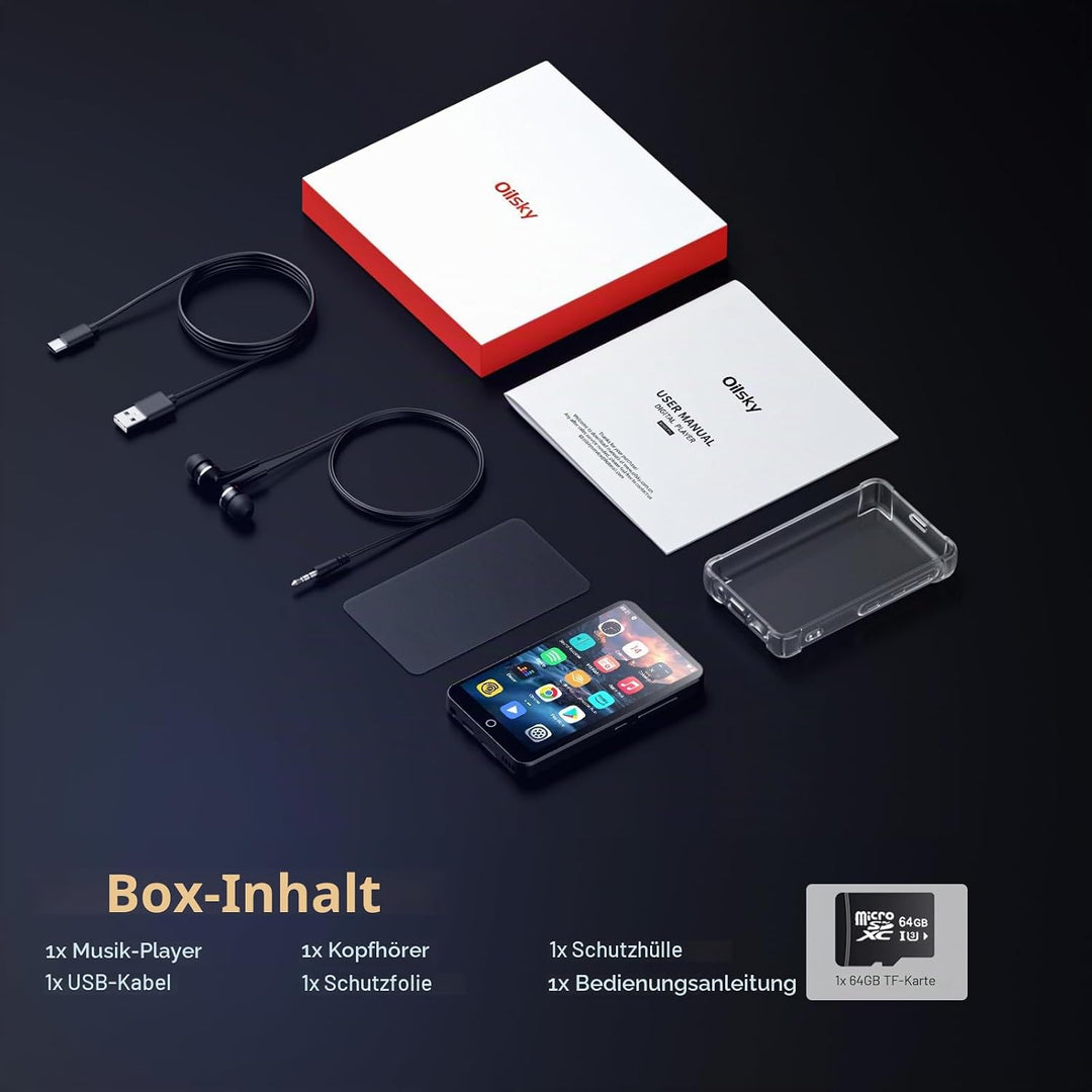 MP3 Player mit Bluetooth und WiFi, Oilsky 80GB 4 Zoll Android 9.0 Mp3, 1080P Touchscreen MP4 Player,