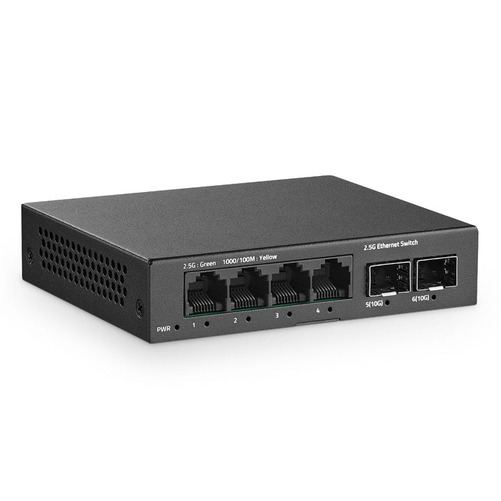 YuLinca 6 Port 2.5G Unmanaged Switch, 4 x 2.5GBASE-T Ports mit 2 x 10G SFP+, 60Gbps Switching Kapazi