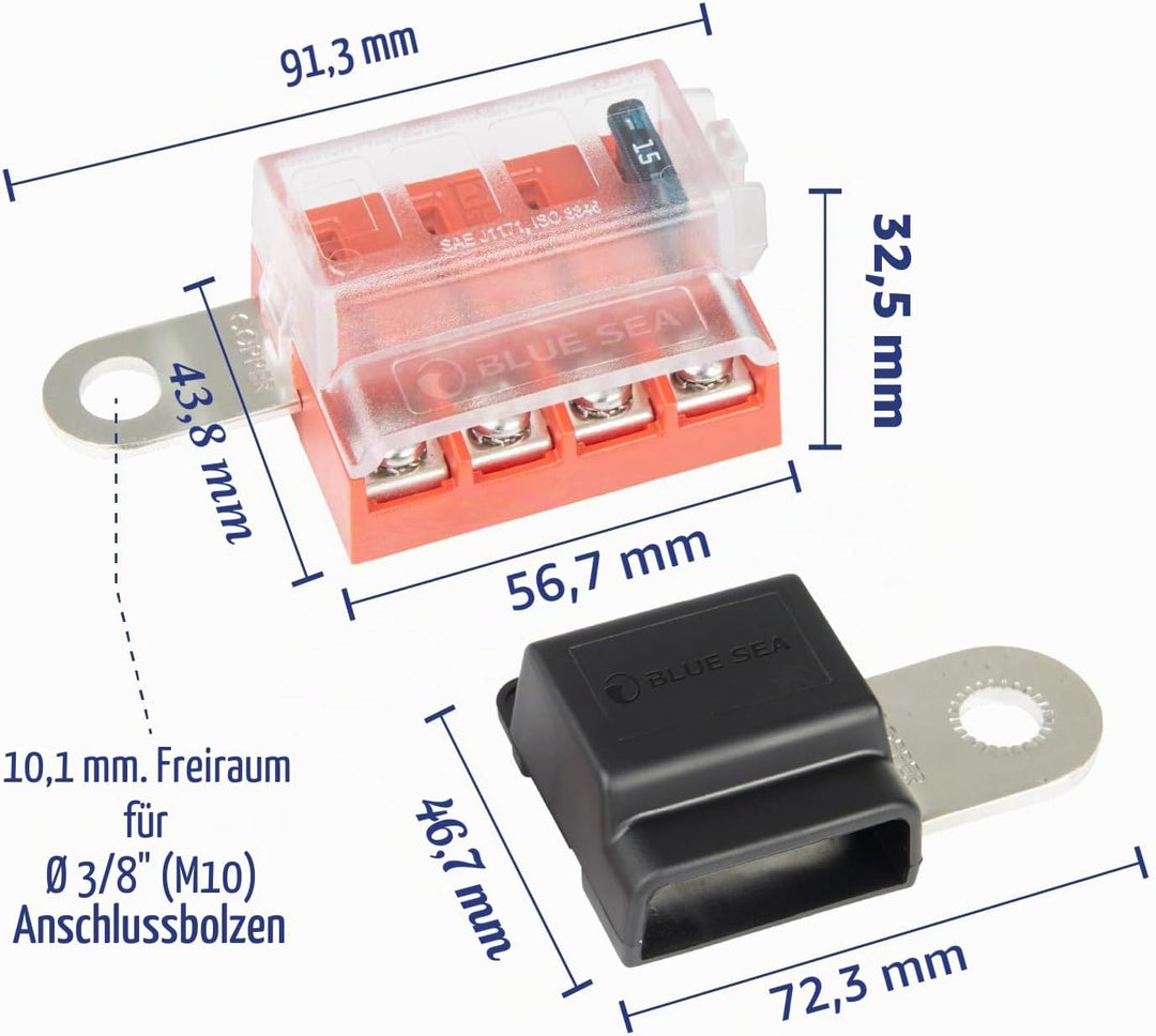 Blue Sea Systems ST Flachsicherungsblock 4 Schaltkreise, thermische Montage, mit Schutz und Negativ,