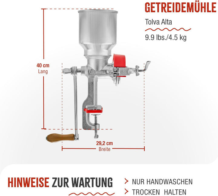 PORKERT VICTORIA Manuelle Getreidemühle mit hohem Trichter Maismühle, Malzmühle, Gusseisen, Grau Hig