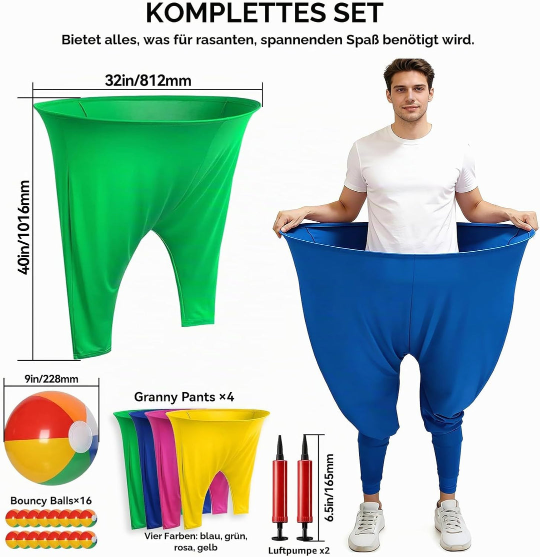 4-farbiges Team Granny Pants Hof-Spiel mit 16 Bällen und 2 Pumpen – komplettes Party-Set für Erwachs