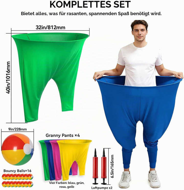 4-farbiges Team Granny Pants Hof-Spiel mit 16 Bällen und 2 Pumpen – komplettes Party-Set für Erwachs